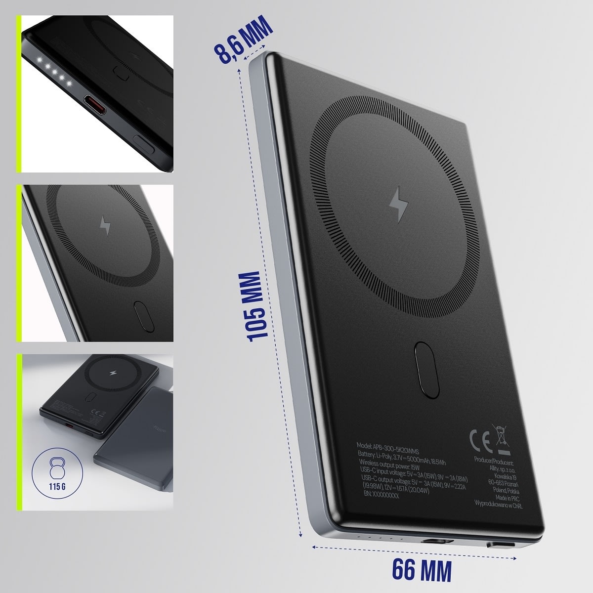 Allity Powerbank, trådløs - 20W, 5000 mAh - Grå