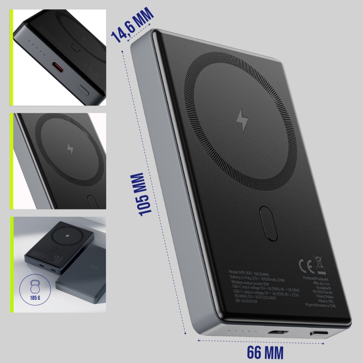 Allity Trådløs powerbank, 20W, 10000 mAh - Grå