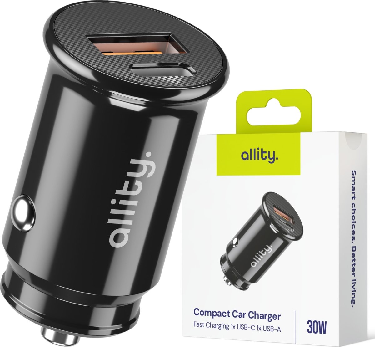 Allity Cigarstik, 1x USB-C, 1x USB-A. 30W - Sort