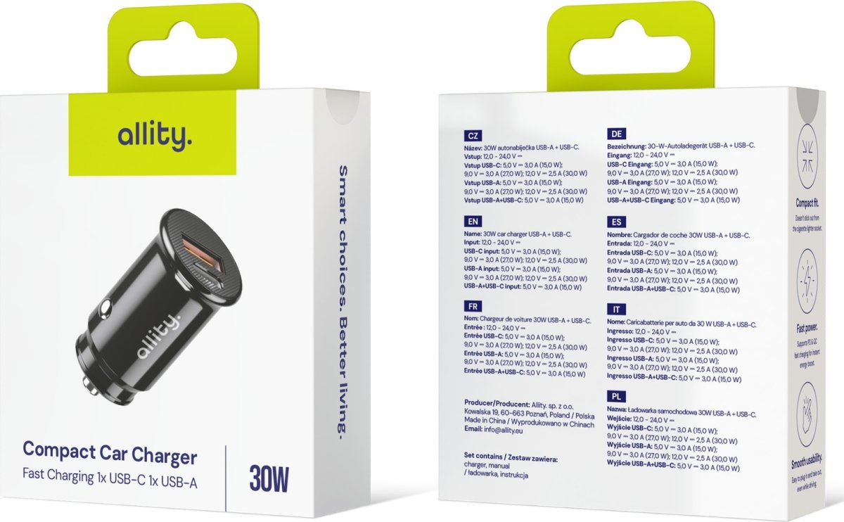 Allity Cigarstik, 1x USB-C, 1x USB-A. 30W - Sort