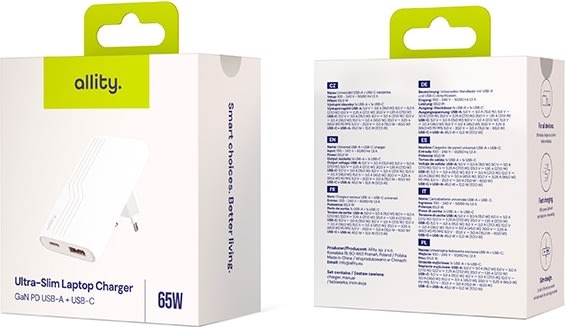 Allity Oplader, 1x USB-C, 1x USB-A, 65W - Hvid