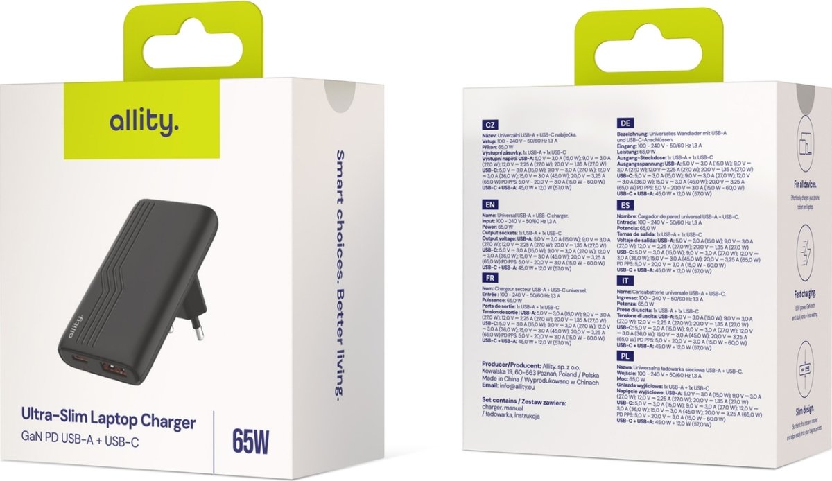 Allity Oplader, 1x USB-C, 1x USB-A, 65W - Sort