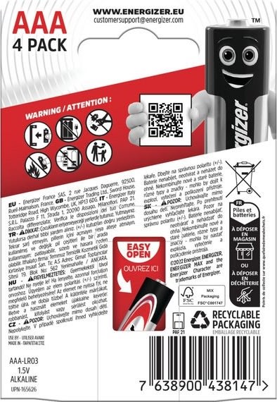 Energizer Max Alkaline AAA batteri, 4 stk.