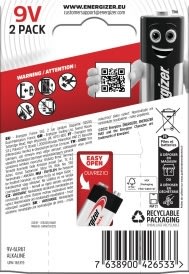 Energizer Max Alkaline 9V batteri, 2 stk.