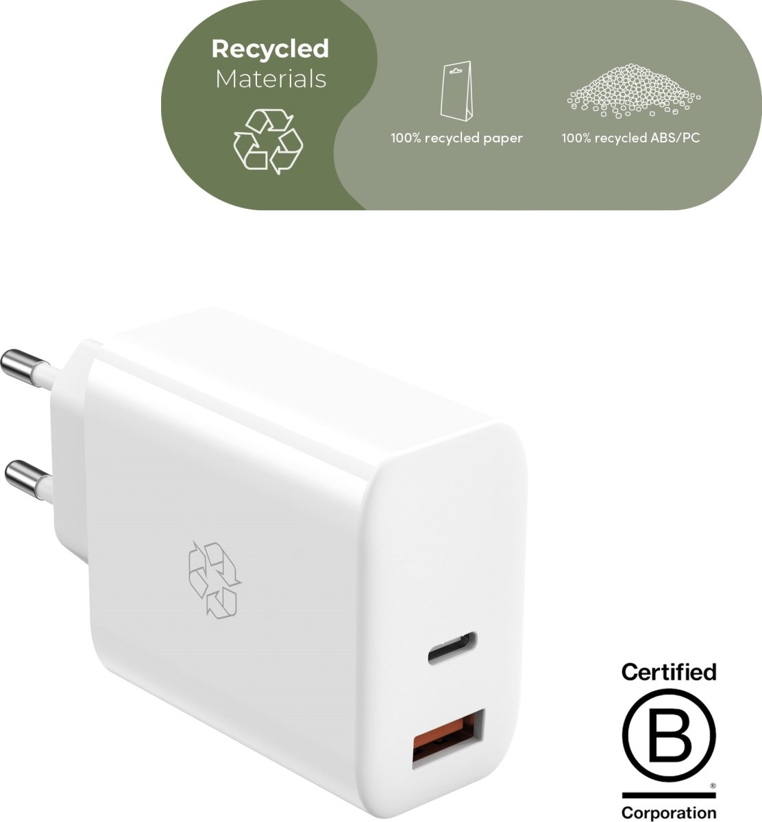 UPSTRÖM Ëssentials 65W GaN USB-A & USB-C Oplader,