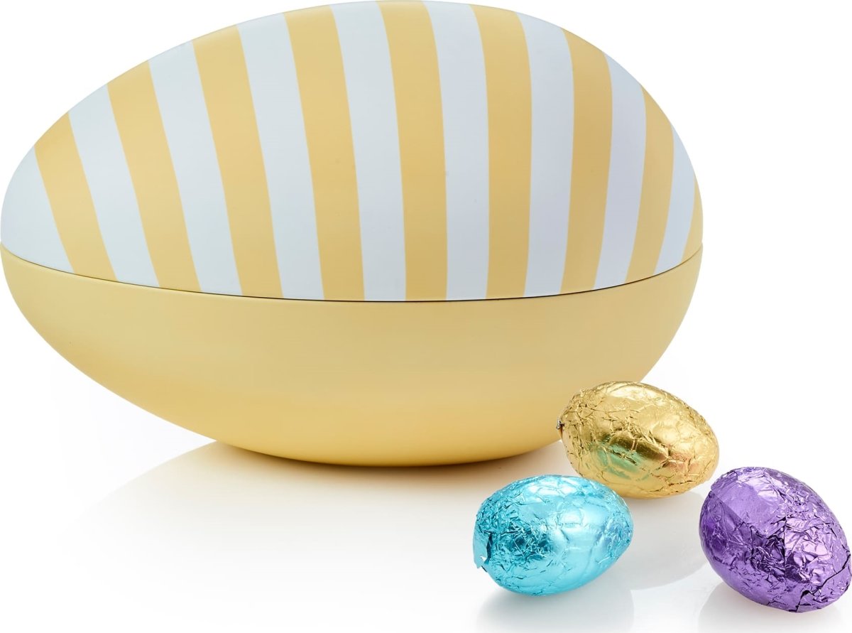 Gul/stribet Metalæg med luksusæg, 250 g