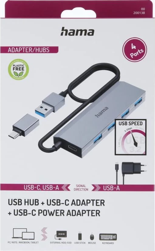 Hama Hub USB-A 3.2 4x 5 Gbit/s USB-C Adapter