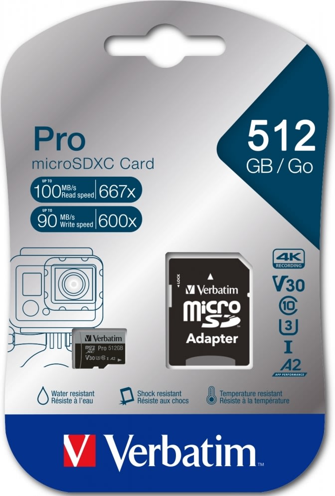 Verbatim Micro SDXC Kort, 512GB - Adaptor