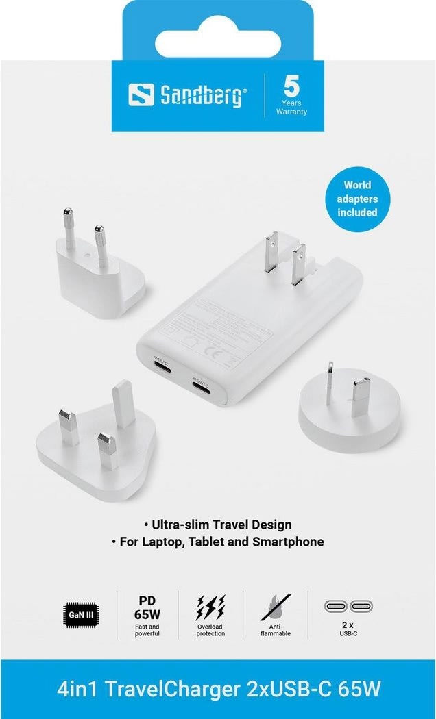 Sandberg Omformer til rejse, 2xUSB-C, 65W - 4-i-1
