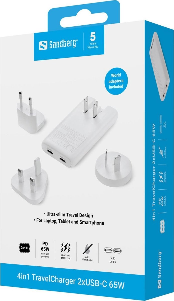 Sandberg Omformer til rejse, 2xUSB-C, 65W - 4-i-1
