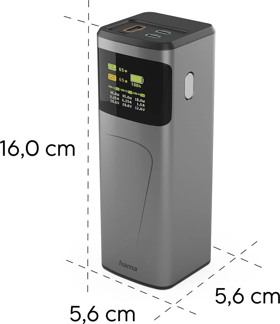 Hama 65W Powerbank, 20000 mah, 2xUSB-C, 1xUSB-A