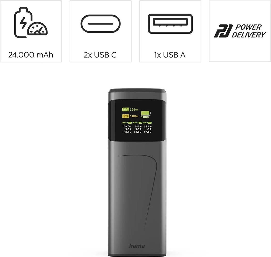 Hama 200W Powerbank, 24000mah, 2xUSB-C, 1xUSB-A