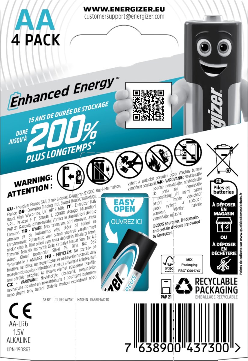 Energizer Max Plus Alkaline AA batteri, 4 stk.