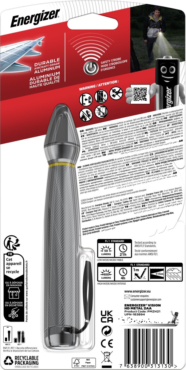 Energizer Vision LED metal lommelygte 2xAA, 400lm