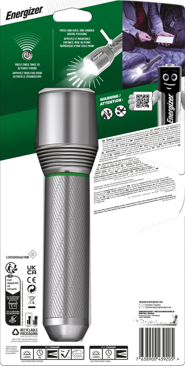 Energizer genopladelig metal lommelygte, 2000lm