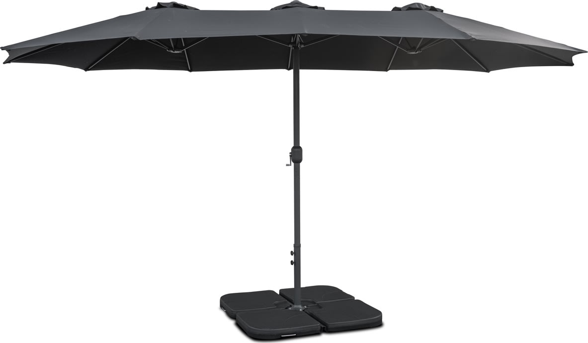 Dobbelt parasol, 450x264cm, inkl fod+overtræk,sort