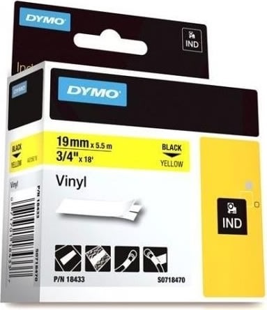 Dymo Rhino Vinyltape 19mm, sort på gul