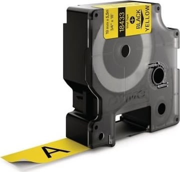 Dymo Rhino Vinyltape 19mm, sort på gul