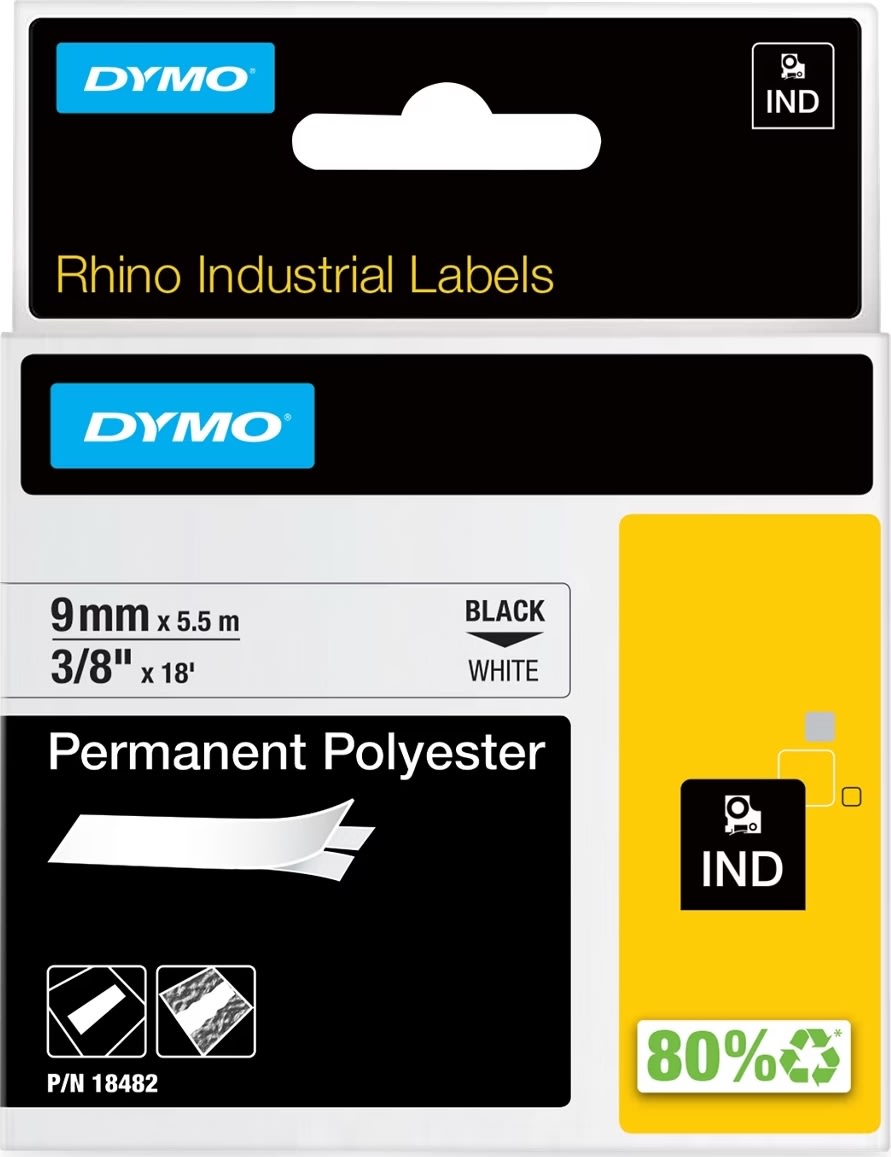 Dymo RHINO Permanent Polyester 19mm, sort på metal