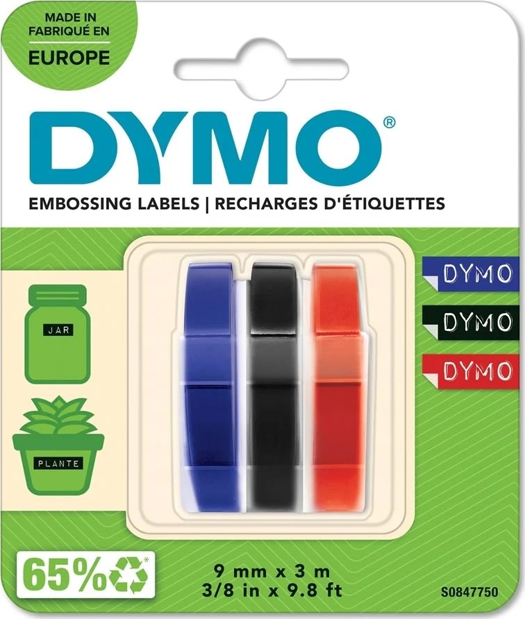 Dymo 3D prægetape 9mm x 3m i sort/rød/blå