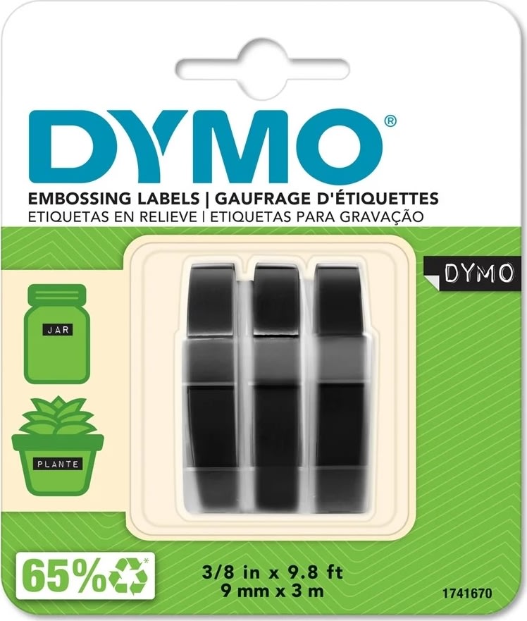 Dymo 3D prægetape m/lim, 9mm, sort, 3 stk