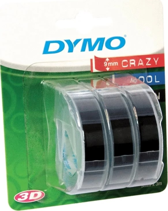 Dymo 3D prægetape m/lim, 9mm, sort, 3 stk