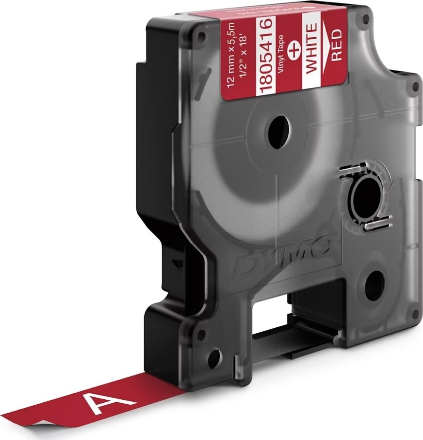 Dymo Rhino Vinyltape 12mm, hvid på rød