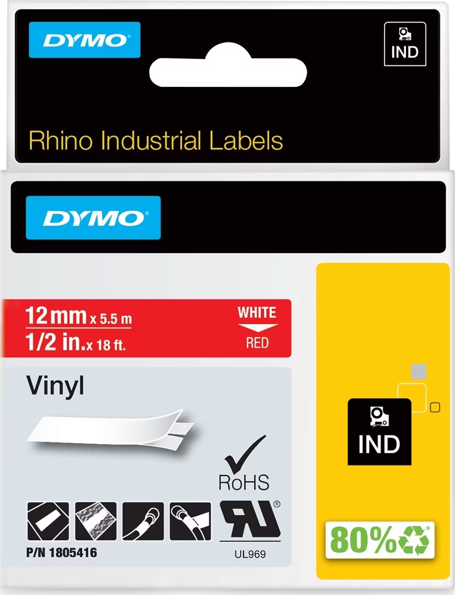 Dymo Rhino Vinyltape 12mm, hvid på rød