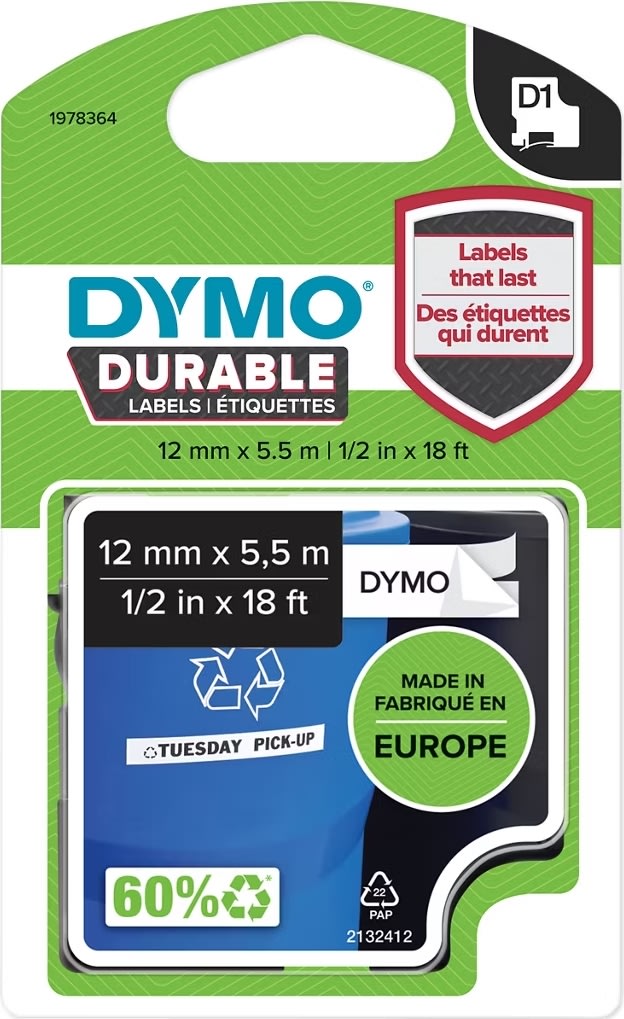 Dymo D1 Durable labeltape 12mm, hvid på sort