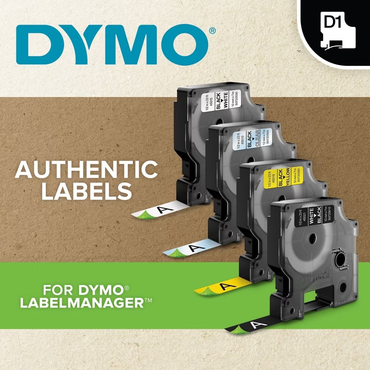 Dymo D1 Durable labeltape 12mm, hvid på sort