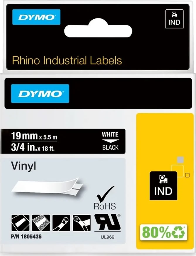 Dymo Rhino Vinyl labels, 19mm X 5.5M, hvid på sort