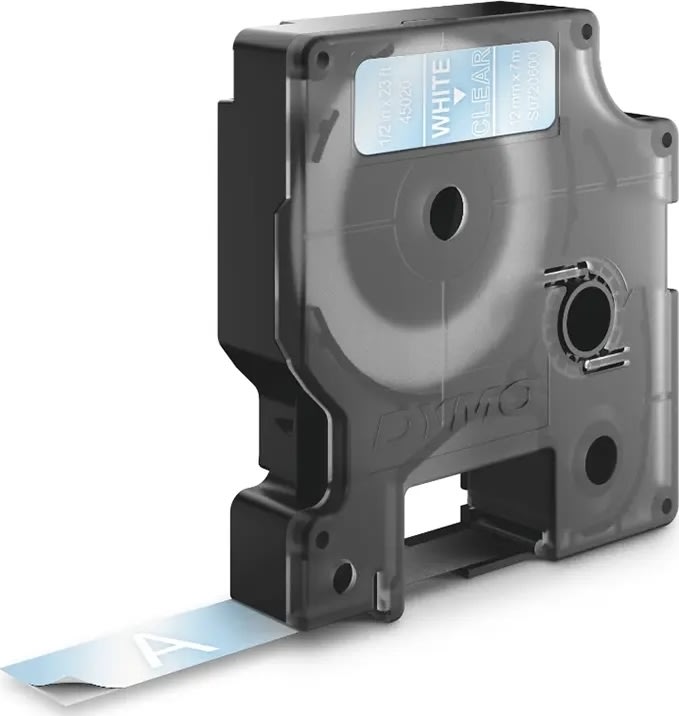 Dymo D1 labeltape 12mm, hvid på klar