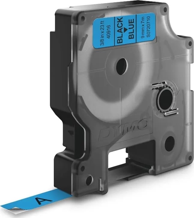 Dymo D1 labeltape 9mm, sort på blå