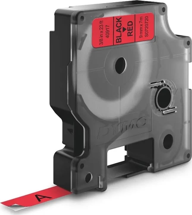 Dymo D1 labeltape 9mm, sort på rød