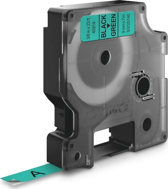 Dymo D1 labeltape 9mm, sort på grøn