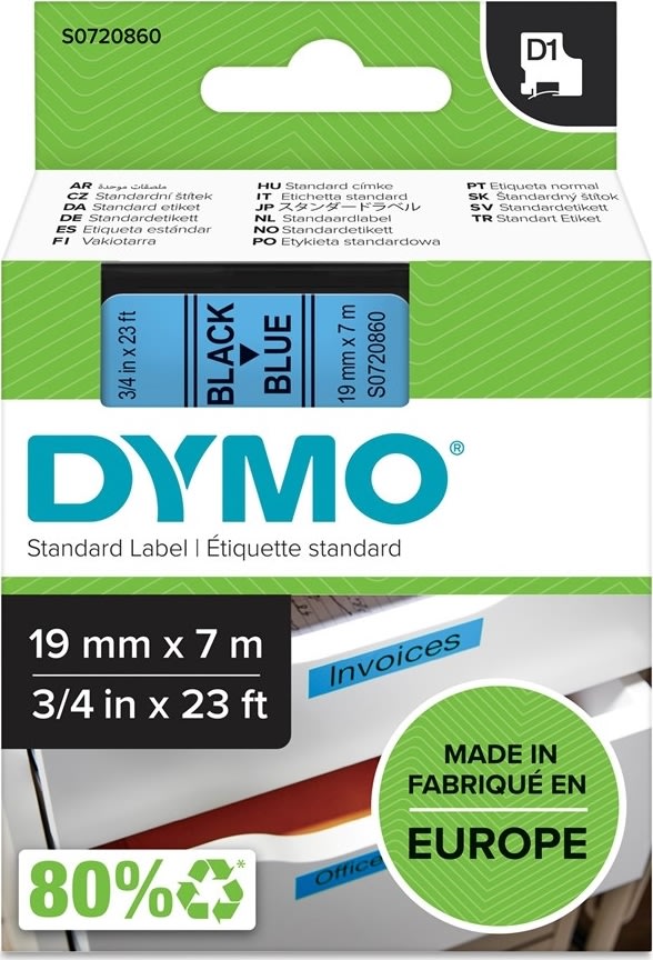 Dymo D1 labeltape 19mm, sort på blå