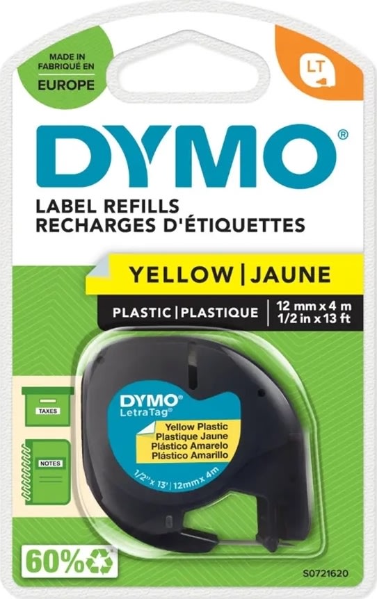 Dymo Letratag labeltape 12mm, sort på gul