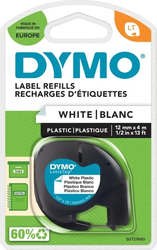 Dymo Letratag labeltape 12mm, sort på hvid