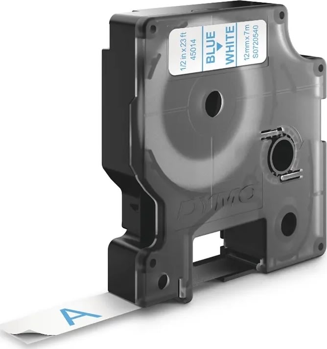 Dymo D1 labeltape 12mm, blå på hvid