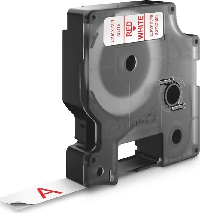 Dymo D1 labeltape 12mm, rød på hvid