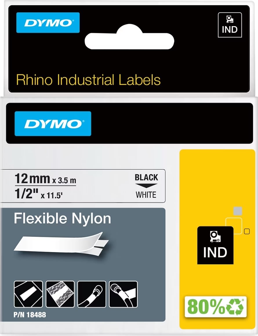 Dymo Rhino fleksibelt tape 12mm, sort på hvid