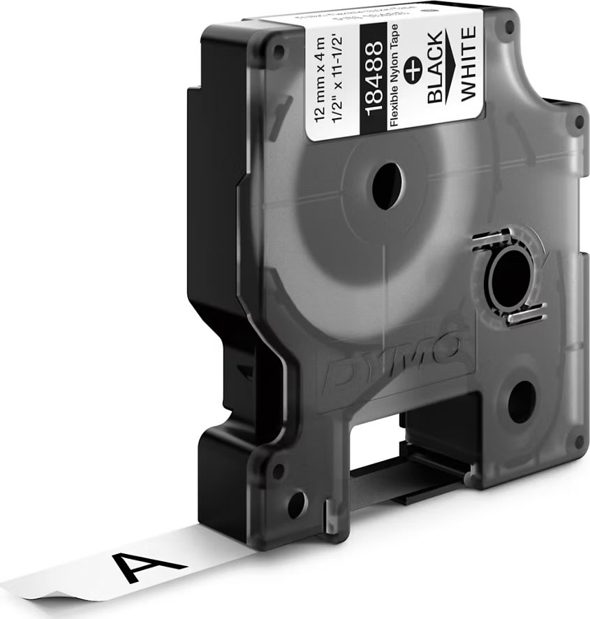Dymo Rhino fleksibelt tape 19mm, sort på hvid
