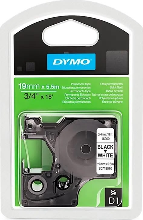 Dymo D1 polyestertape 19mm, sort på hvid