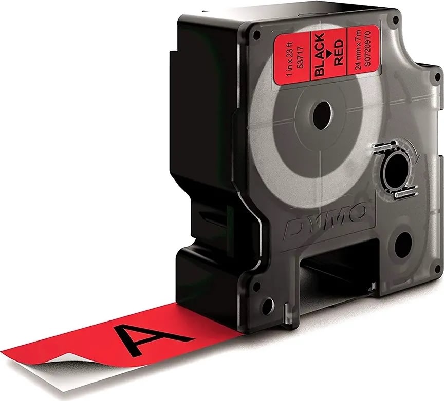 Dymo D1 labeltape 24mm, sort på rød
