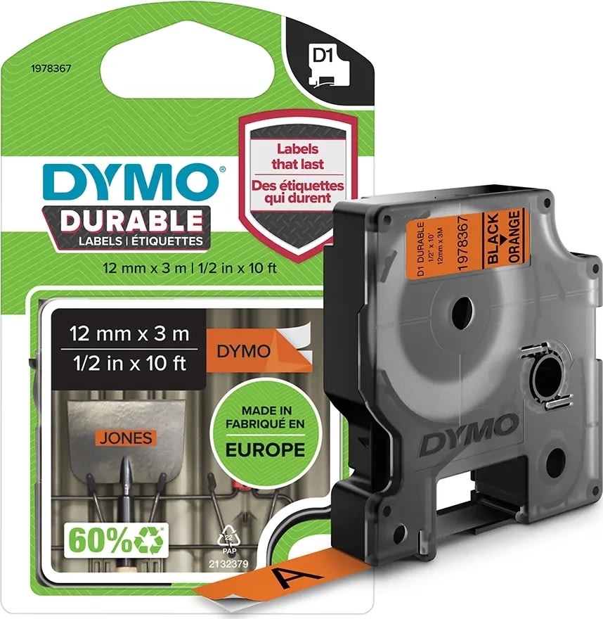 Dymo D1 Durable labeltape 12mm, sort på orange