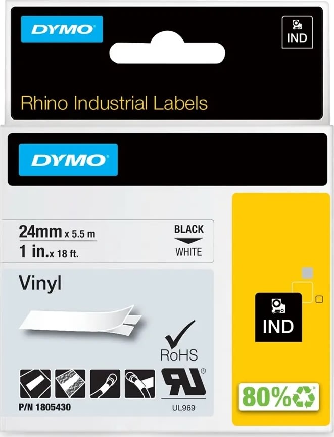 Dymo Rhino Vinyltape 24mm, sort på hvid
