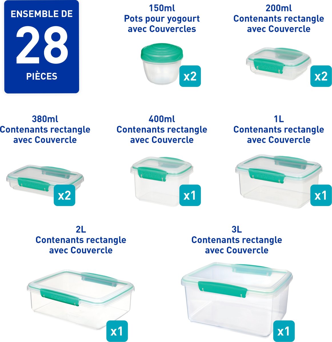 Sistema Klip It+ opbevaringsboks, 28 dele, teal