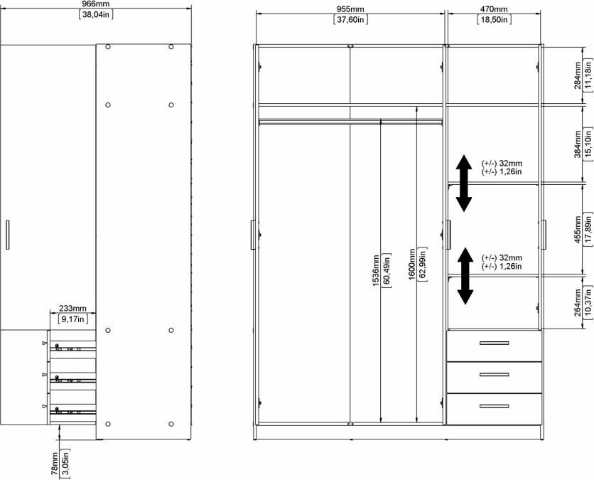 Coreline garderobeskab 3 døre/3 skuffer, gråbeige