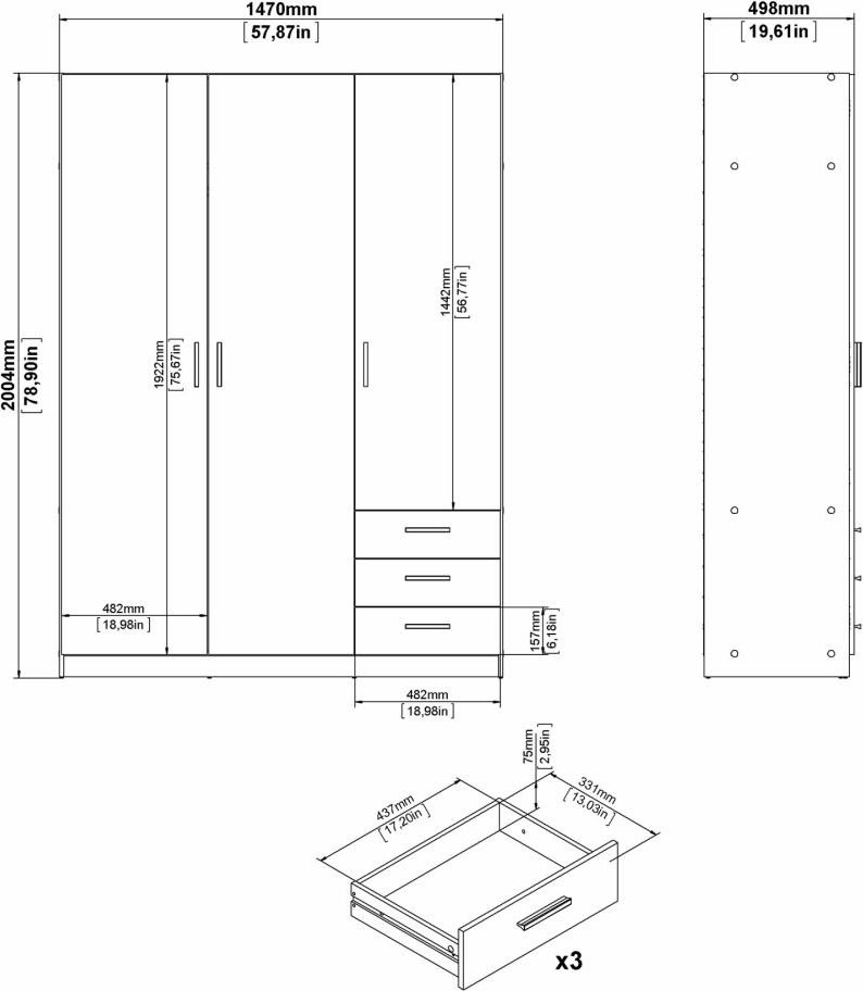 Coreline garderobeskab 3 døre/3 skuffer, gråbeige