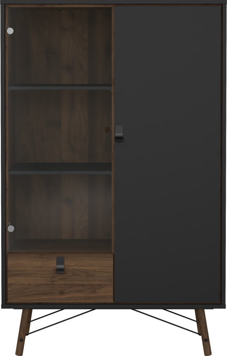 Serveline vitrineskab 2 døre/1 skuffe, sort/valnød